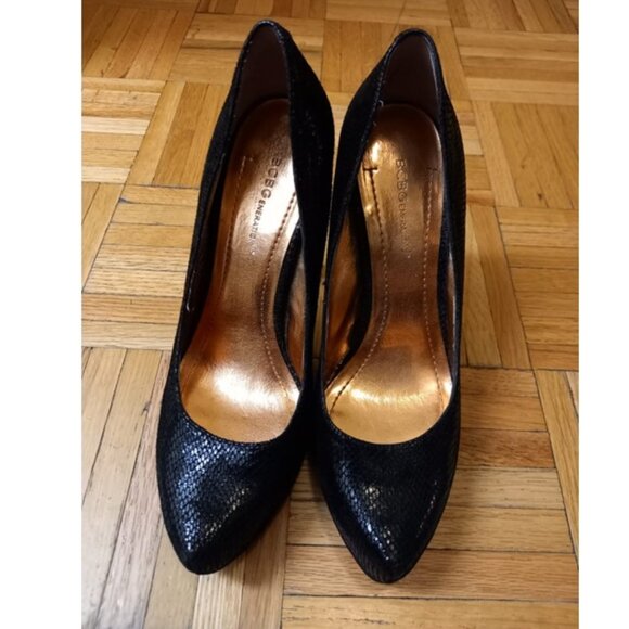 BCBGeneration Parade Platform Pump black leather stilettos, size 8 / 38 - Picture 1 of 15